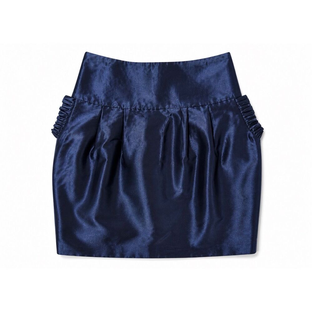 Sara Berman Navy Satin Mini Skirt Pleated High Waist Ruffle Detail Dressy SZ XS